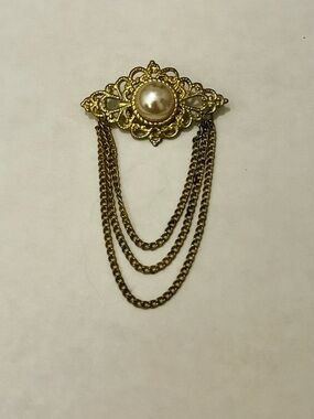 Vintage Gold Tone Faux Pearl Brooch with Draped Chains Victorian Style Statement